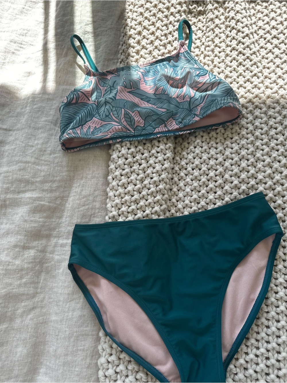art class Teal and Pink Leaf-Print Bikini Top